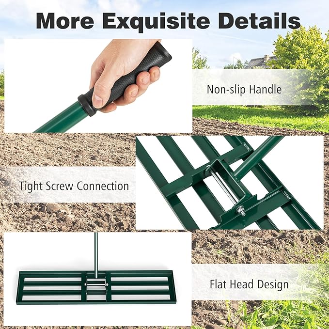 42" x 10" Lawn Leveling Rake, Heavy Duty Landscape Rake with 67" Handle, Non-Slip Grip & Flat Head, Space-Saving Lawn Level Tool for Garden, Backyard, Golf Course & Sports Field(Green)