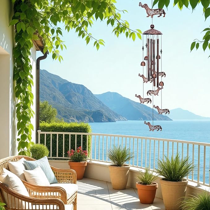 Dachshund Dog Wind Chimes for Outside, Metal Dog Windchimes for Women Men, Pet Memorial Wind Chime Birthday Gifts for Garden Decor Outdoor Memorial Housewarming Festival Gifts Front Yard Decor