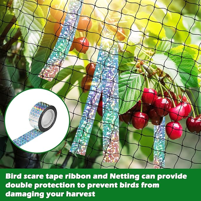 Bird Netting 25'x50' with 2" Mesh Garden Net with Bird Scare Tape, Avian Nettings for Chicken Coop Roof, Heavy Duty Nylon Nettings for Garden, Chicken Coop Netting Fruit Tree Net