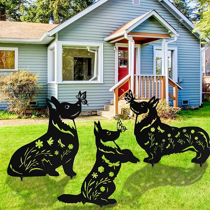 3 Pcs Metal Dog Garden Decor for Outside 12" Puppy Garden Stake Black Silhouette Statues Outdoor Decoration for Animal Lovers Gifts Women Men Patio Lawn Lawn Yard Art(Corgi)