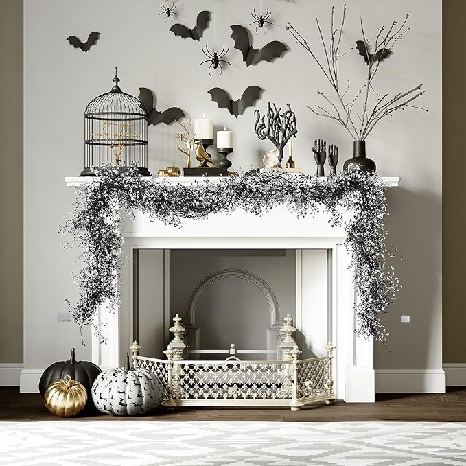 RECUTMS Black Garland Artificial Hanging Plants 2Pcs 5.6Ft Black Fake Garland Plant Greenery Faux Ferns Leaves Ivy Wreath for Halloween Thanksgiving Party Outdoor Indoor Garden Decor(Black White)