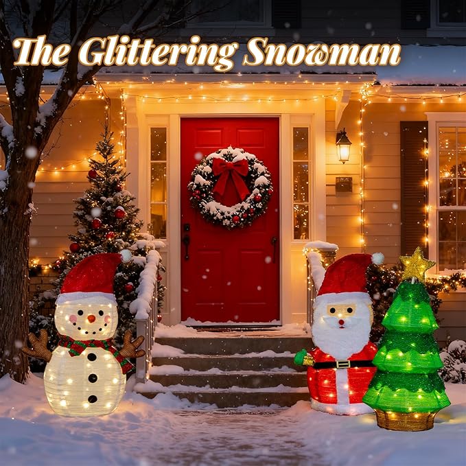 VINGLI 3 Pack 30" 30 Inch Lighted Snowman Santa Claus Christmas Tree Decorations, Prelit Multicolor LED Xmas Yard Lawn Porch Decor for Indoor Outdoor Holiday Winter Christmas Display Set pathway decor
