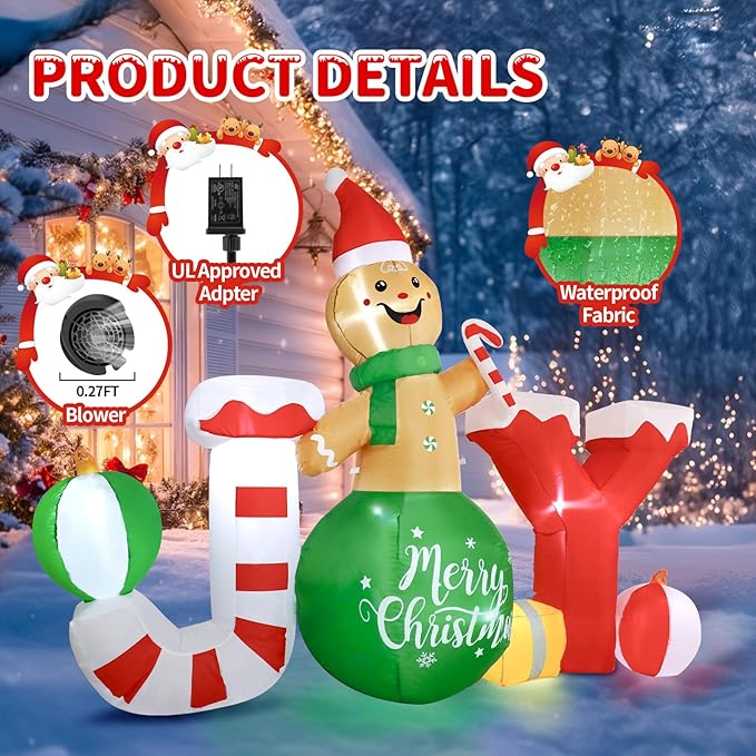 Christmas Inflatables Outdoor Decorations, 6 X 8 FT Gingerbread Large Blow Up Yard Decor with 7 LED Lights, Christmas Party Outdoor, Yard, Garden, Lawn Winter Decorations Ornaments