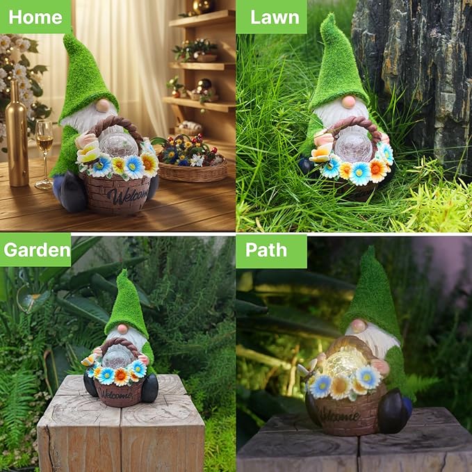 Garden Gnome Statues Decor with Solar Lights, Outdoor Decorations for Yard Porch Lawn Balcony Patio, Housewarming Gifts