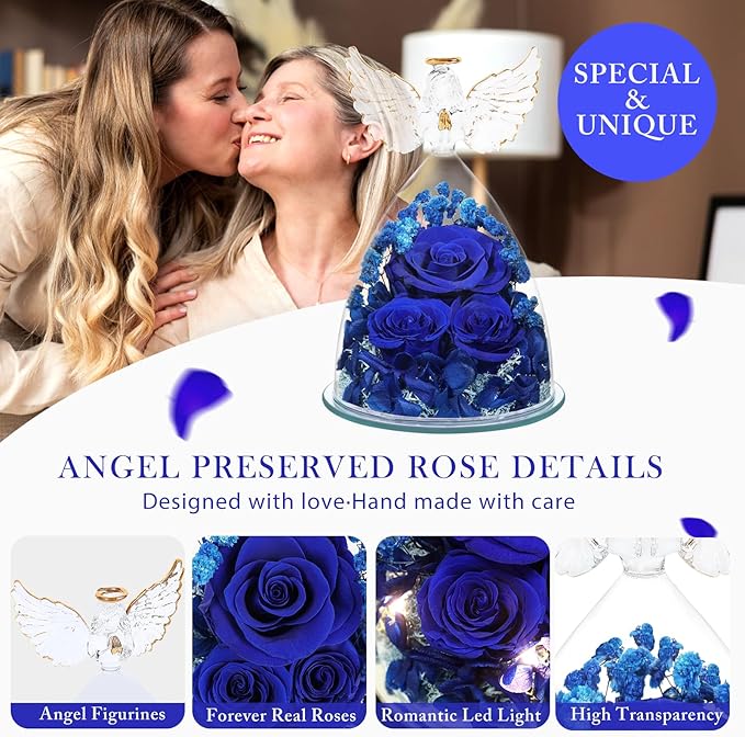 FIACO Preserved Flower Rose Gifts for Women, Forever Eternal Fresh Flowers in Glass Angel Figurines Flowers for Delivery for Grandma Mom Sister Her Wife on Mothers Day Birthday Christmas