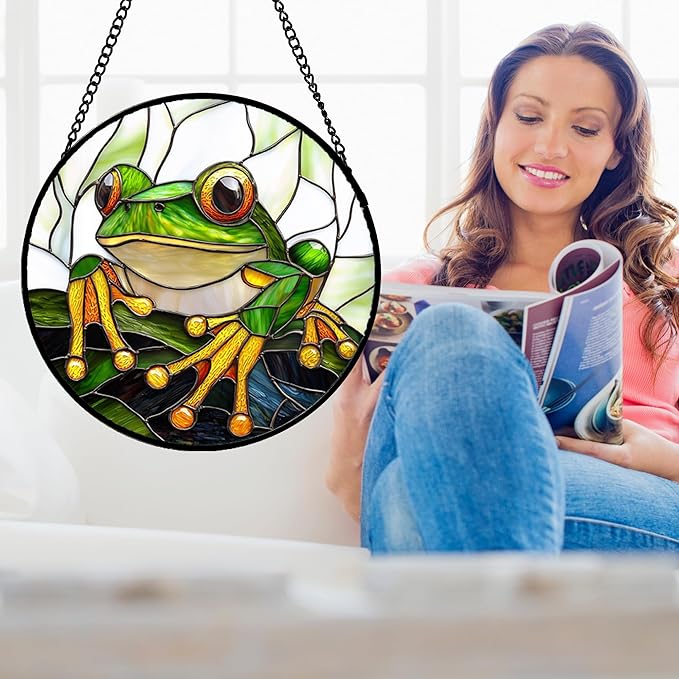 Stained Glass Window Hanging, Green Frog White Petals Sun Catchers Colorful Glass Panel Cute Suncatcher Decor for Birthday for Women, Men, Wife, Aunt, and Mom 14.9x14.9 in