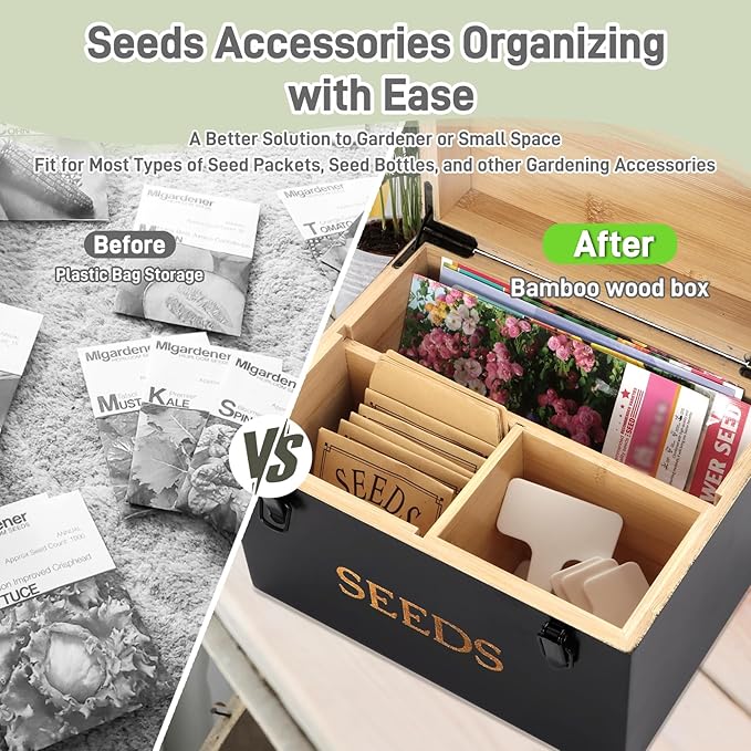 Professional-Designed Bamboo Seed Storage Box with Built-in Hygrometer, Double-Layer Airtight Lid and Safety Lock, Temperature-Stable Wooden Seed Organizer for Preservation, Great Gifts for Gardener