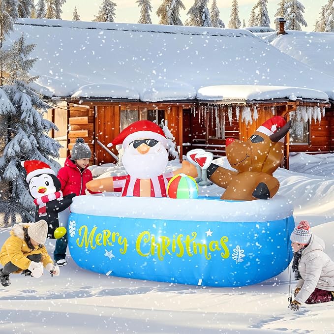 7FT Christmas Inflatable Outdoor Decoration, Christmas Inflatables Santa Claus Cheers Pool Party with Built-in 8 LED Lights & Air Blower for Xmas Blow Up Yard Decorations Outdoor Indoor