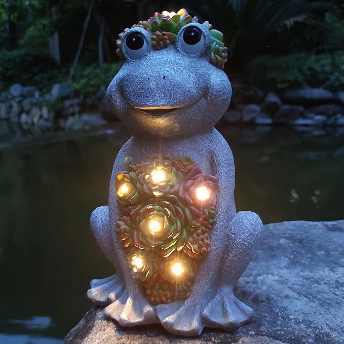 Solar Frog Garden Outdoor Statue with 8 LED Lights Mom Gifts Home Decorations,Fairy Garden Solar Figurines Lights, Resin Frog Decor Art Housewarming Gift for Patio,Yard,Lawn Ornament