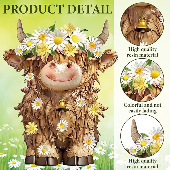 2 Pcs Highland Cow Figurines Daisy Flower Highland Cow Gnomes Decor Resin Statue Calf Lovers Gifts for Farmhouse Home Garden Kitchen Office Tiered Tray Table Decor
