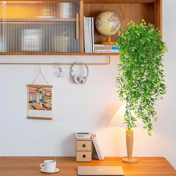 TOCHGREEN 4Pcs Artificial Hanging Plants Fern Vine, Faux Plastic Plants Fake Ivy Vine Greenery Garland with Green Flower, Outdoor Indoor Decorations for Living Room Garden Wall Home Decor (Green)