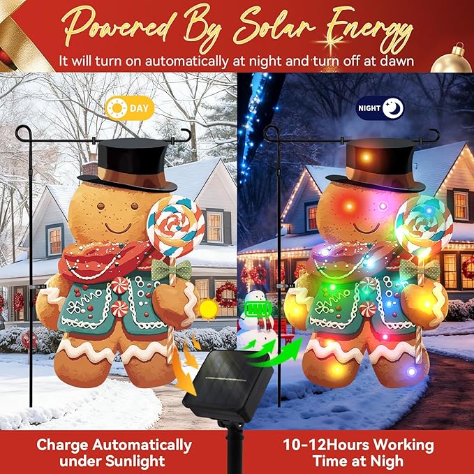 Lighted Christmas Garden Flag - 18x13-inch Waterproof Outdoor Gingerbread Man Christmas Decoration with 24 Glow-in-The-Dark LED in 8 Patterns, Perfect for Yard, Porch, and Lawn Decorations
