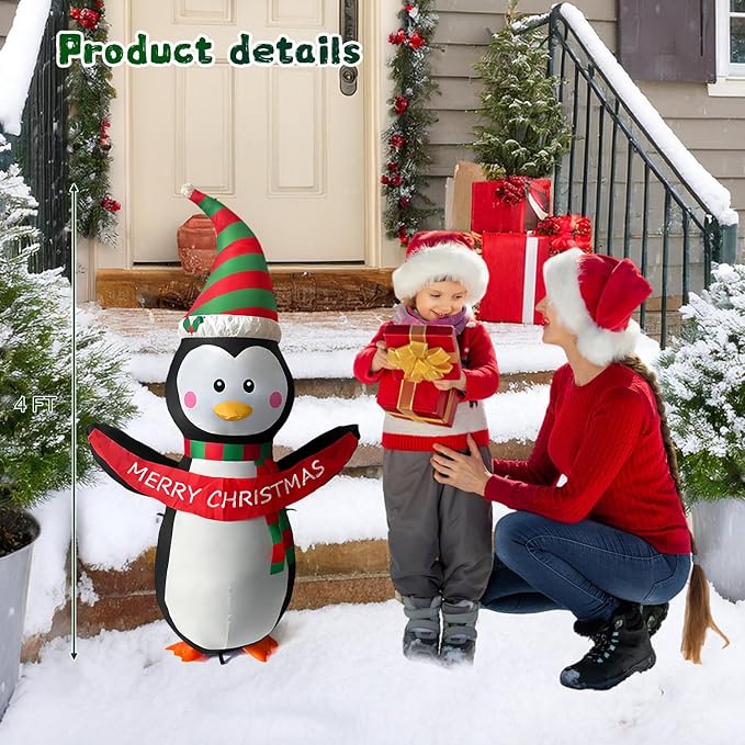 HONGLAND 4 FT Christmas Inflatables Giant Penguin Outdoor Decorations, Built-in Bright LED Light with Merry Christmas Sign, Weatherproof Holiday for Garden Lawn Patio Party Xmas Gifts