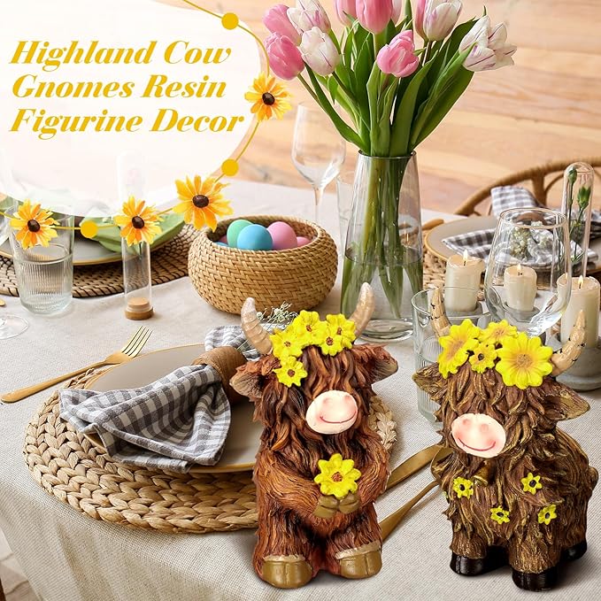 2 Pcs Highland Cow Figurines Decor Cow Gnomes with Sunflower Resin Statue Calf Lovers Gifts for Farmhouse Home Garden Bathroom Kitchen Office Tiered Tray Table Decor