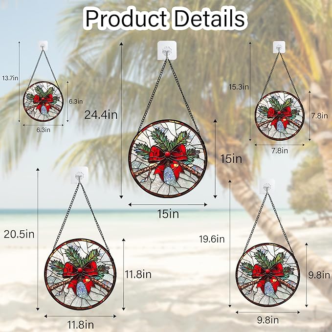 Stained Glass Window Hanging - Pine Branches Red Bow Suncatcher for Doors Home Christmas Decoration Silver Sun Catcher Thanksgiving New Year Birthday Gifts for Women Men Mom Nana 15 in