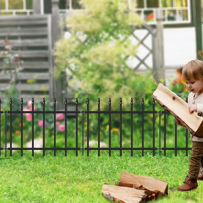 Decorative Metal Garden Fence 18 in H x 10 ft L, Small Border Roman Column Deco, Barrier Fencing for Yard Flower Bed Lawn Landscape Outdoor, 5 Panels + 6 Stakes Black