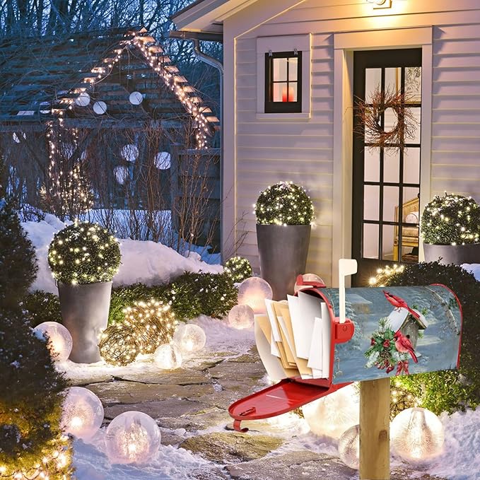 Xmas Winter Cardinal Birds Mailbox Cover, Christmas Snow Bird House 21" X 25.5" Magnetic Mailbox Covers, Large Size Mailbox Wraps Post Letter Box Cover for Outdoor Decorations