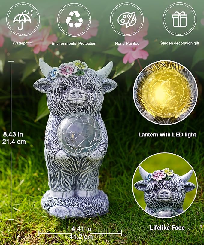 Solar Highland Cow Outdoor Decor:Garden Statue Sculpture Lamp with Ball for Yard Lawn Balcony Patio Porch- Birthday Gifts for Mom Women Grandma(Grey)