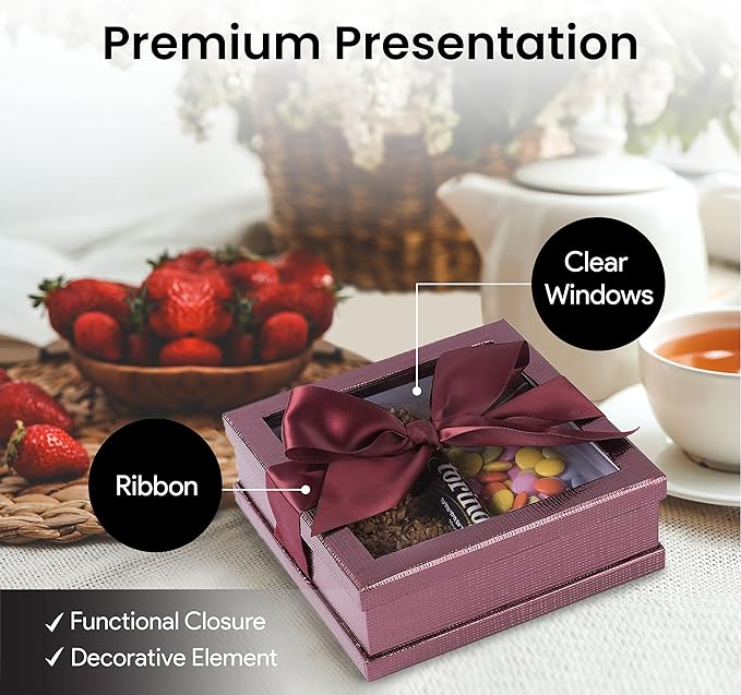 Hammont Clear Window Gift Boxes - 3 Pack - Multipurpose Bakery Boxes with Ribbon | Treat Boxes Perfect for Party Favors, Cookies and Cupcakes (Maroon, 6” x 6” x 2”)