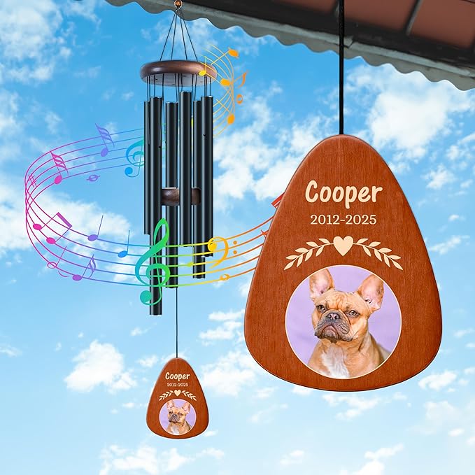Personalized Pet Memorial Wind Chime with Photo - 37" Custom Pet Loss Gift with Name, Date & Quote - Drop Shape Wooden Pendant & Stainless Steel Tubes, Outdoor/Indoor Remembrance Wind Chime, Black D4