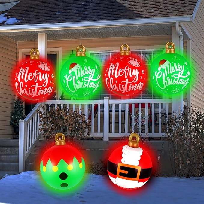 [Light up] Inflatable Ornaments Balls Outdoor 4Pcs: Flashes in Red | Green | Blue and Timer, 24 Inch Giant Christmas Inflatable Ornaments, Reusable PVC - Blow Up Ornament Balls for Yard, Porch, Party