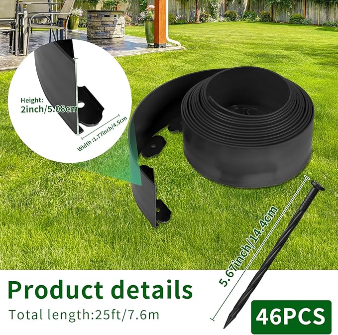 2 in x 25 Ft Garden Landscape Edging, No Dig Garden Edging Border Kit with 46 Pcs Spikes for Flower Bed Lawn Yard Grass Black