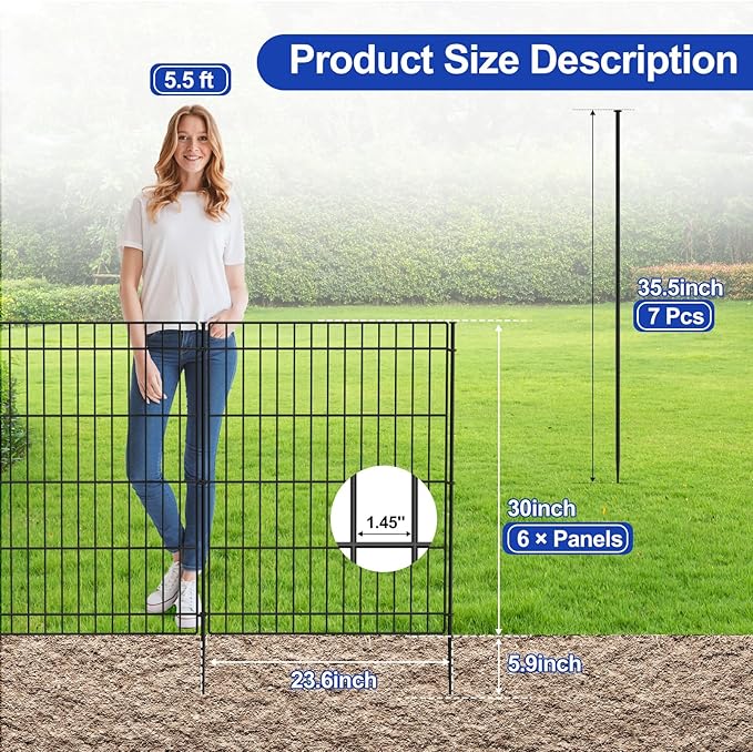 INJOPEXI Garden Fence 6 Panels 11.8ft (L)×30in (H) Decorative Garden Fences with 6 Panels Rustproof Wire No Dig Metal Garden Fence Animal Barrier Fencing for Yard Outdoor Patio - Without Fence Gate