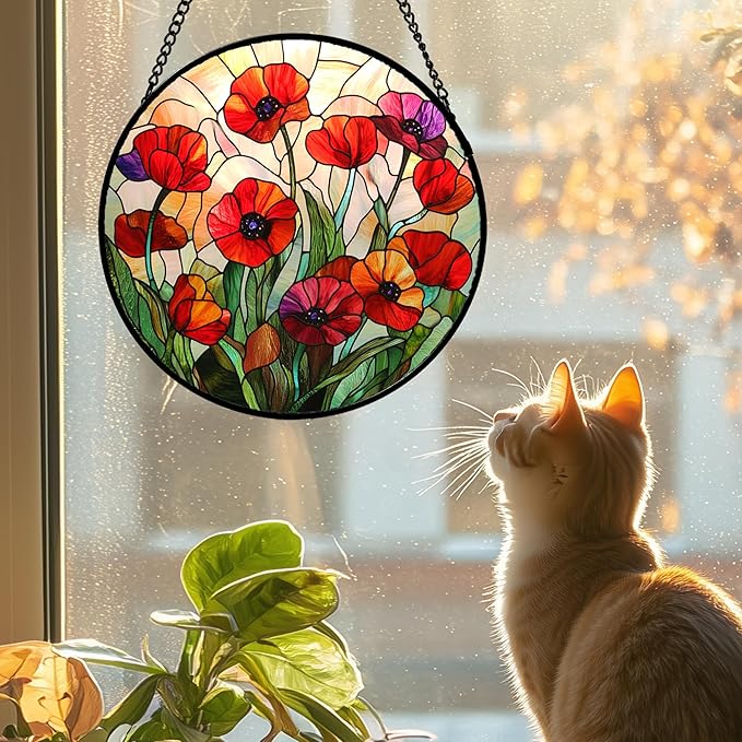 Stained Glass Window Hanging - Poppy Birth Flowers Suncatcher for Door Garden Yard Wildflowers Sun Catchers Decor Christmas Mother's Day Birthday Gifts for Women Mom Nana Friend 6.3 in