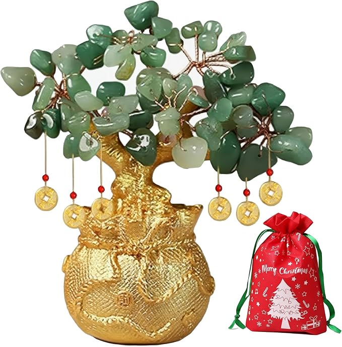 Money Tree – Feng Shui Love & Wealth Golden Bag Bonsai Lucky Gemstone Home Office Decor (14cm Height) (Green Gift)