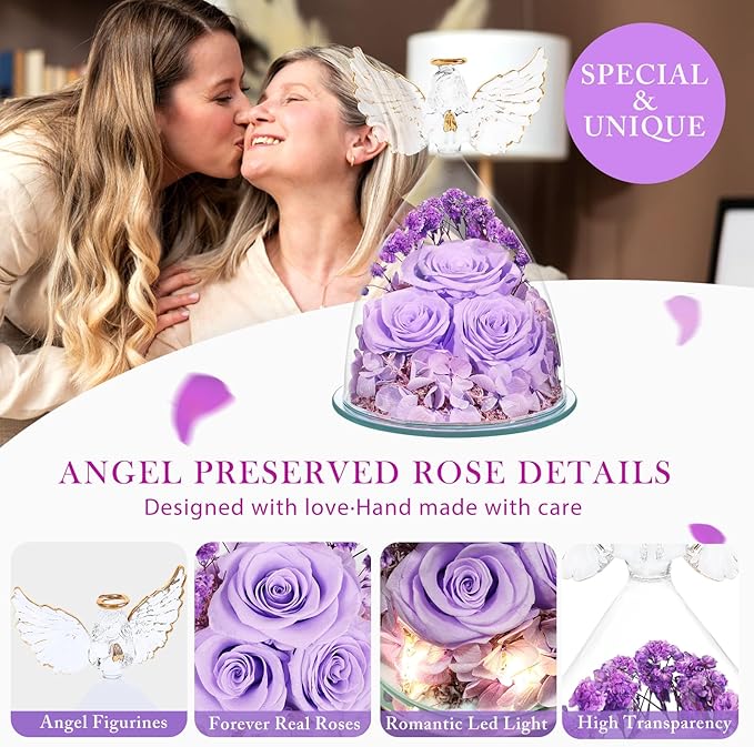 Preserved Flower Rose Gifts for Women, Forever Eternal Fresh Flowers in Glass Angel Figurines Real Purple Roses for Delivery Prime for Grandma Mom Sister Her Wife on Mothers Day Birthday Christmas