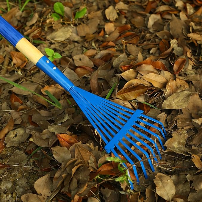 Kids Rakes with Hardwood Handle - Metal Kids Leaves Rakes, 28" Child Size Lawn Rakes with Vibrant Blue Heads, Garden Tool Set for Kids Boys and Girls