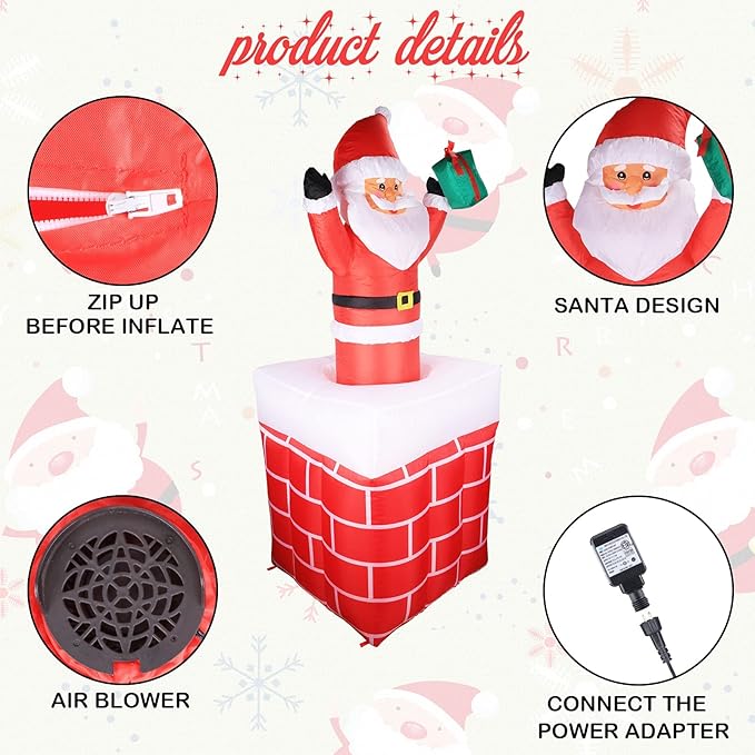 VCUTEKA Christmas Inflatables Outdoor Decorations, Inflatable Christmas Santa Claus in Chimney Blow Up Yard Decorations with LED Lights for Holiday and Garden Lawn Winter Decor