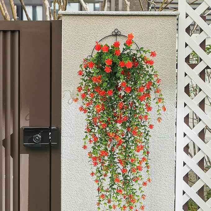 WEISPARK Artificial Hanging Flowers, 4pcs Fake Eucalyptus Vine Faux Flower Greenery Garland Plastic Plants for Indoor Outdoor Wall Garden Wedding Home Party Decor (Orange-4pcs)
