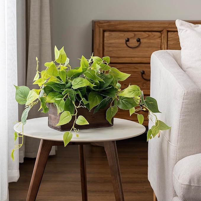 MyGift Vibrant Lifelike Artificial Plant Pothos Leafy Vine Greenery in Burnt Brown Solid Wood Rectangular Planter Box