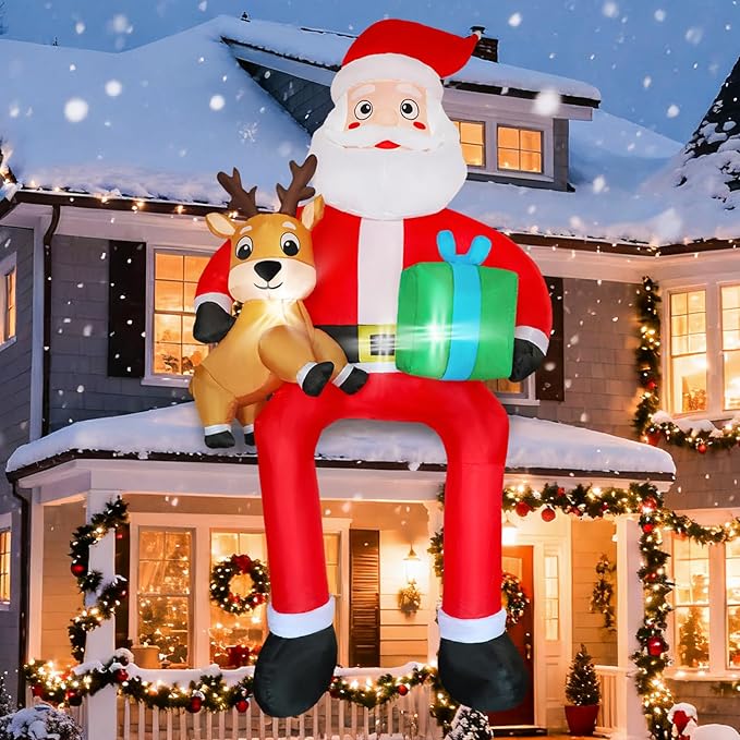 DearSun 10FT H Christmas Inflatable Sitting Santa Claus with Build-in LED Lights, Blow up Santa Claus with Gift Bag and Deer Sitting on Roof Wall Tree Chair Indoor Outdoor Decor