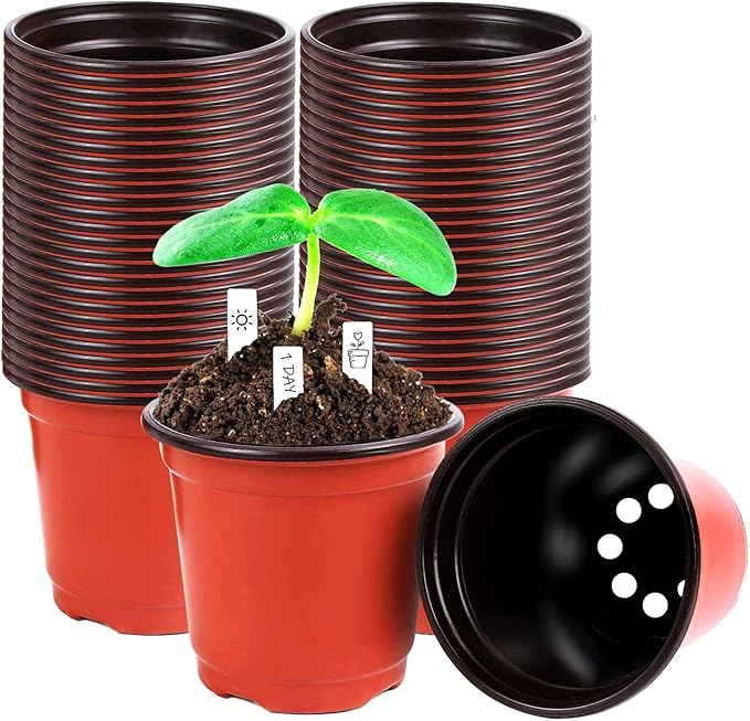 Augshy 220 Pcs 4 Inch Plastic Plant Nursery Pots Seed Starting Pots Containers with 300 Labels for Succulent Seedling Cutting Transplanting