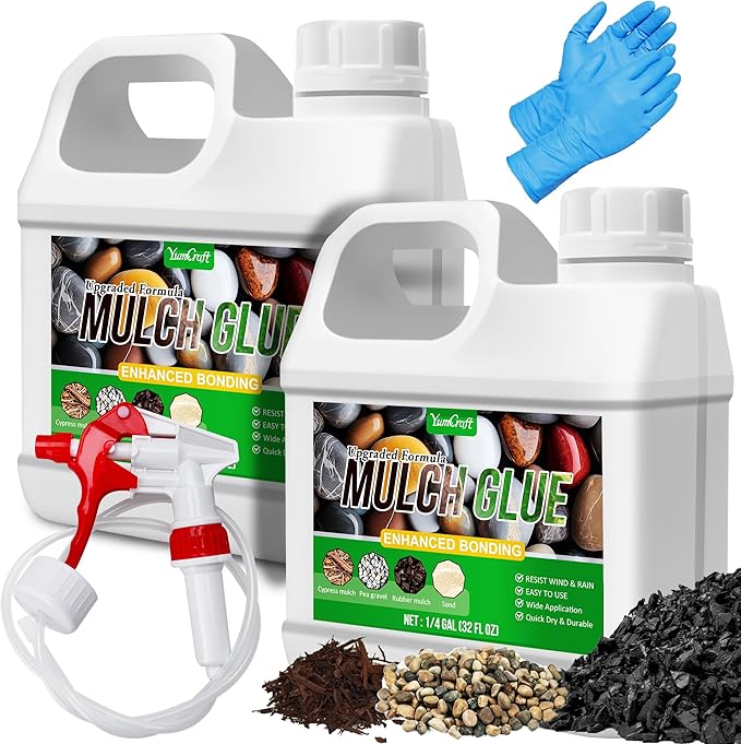 Mulch Glue - 64oz Mulch Adhesive Pea Gravel Binder for Landscaping, Garden - Concentrate Landscape Rock Glue Mulch Stabilizer, Last up to 2 Years, Gravel Glue & Lock for Bonding Bark, Sand