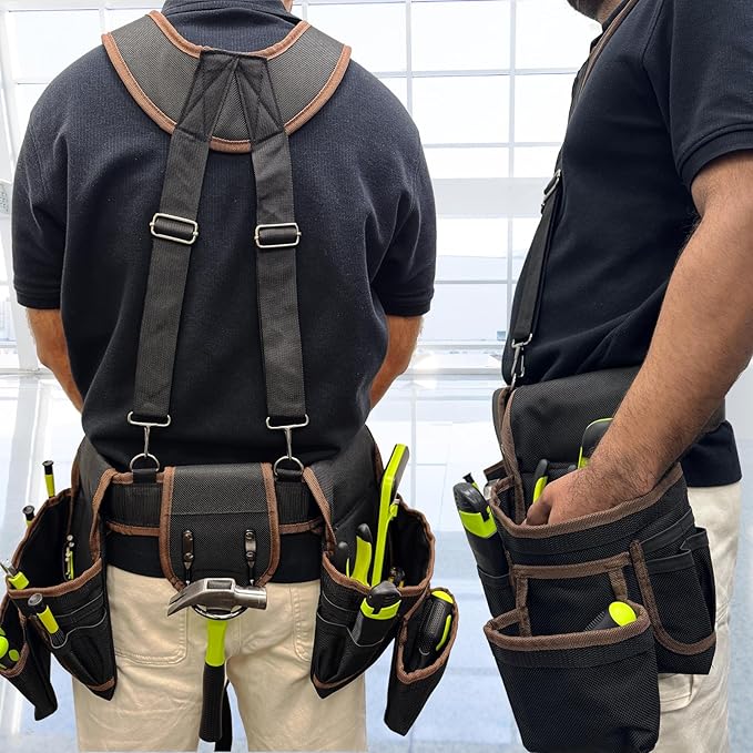 Tool Belt, Tool Belts for Men, 32 to 66 Inches Adjustable Waist, Electrician and Carpenter Tool Belt with Suspenders for Construction and Gardening, Black and Brown