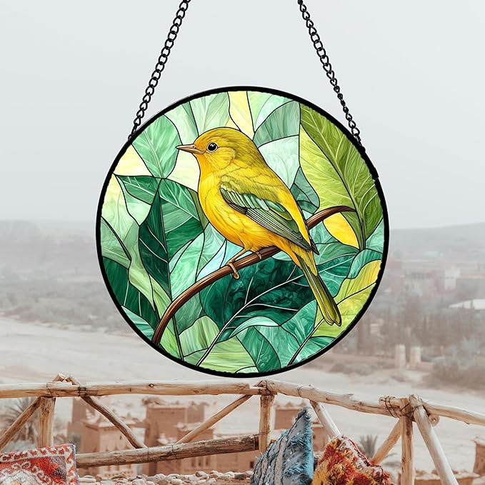 Stained Glass Window Hanging 4 Pcs Set Green Plants Animals Theme 6.3" - Bird Tiger Suncatcher Door Garden Sun Catcher Decor Birthday for Mom Woman Nana Men Friend