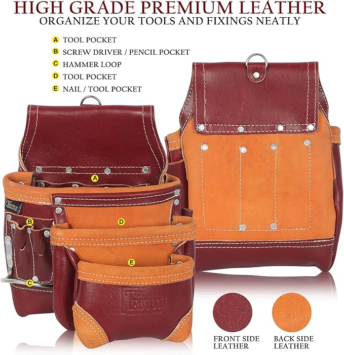 Grain Leather Tool Belt | Tool Rig Set | Tool Pouch | Drywall | Carpenter Tool Bag | Leather Tool Belts for Men | Construction | Framers | Electrician (Maroon)