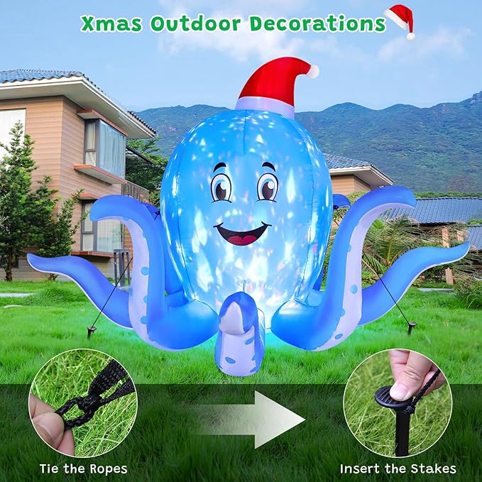 FunFanso 7FT Christmas Inflatable Octopus Outdoor Decorations, Blow up Blue Octopus with Xmas Hat Indoor Decor, Built-in Rotating Flame LED Holiday for Yard Lawn Garden Patio Party Indoor Home Porch