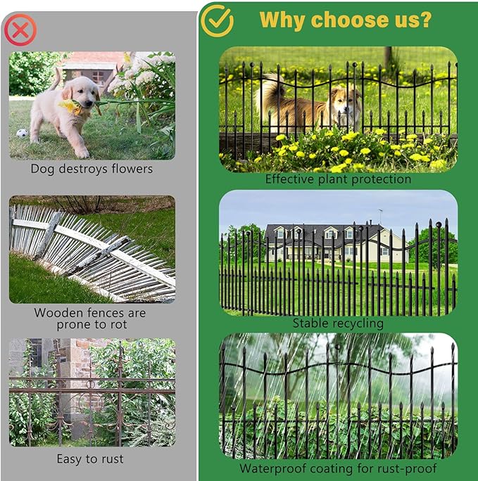 5 Panels No Dig Decorative Garden Fence with Gate, 32in(H) × 11ft(L) Heavy-Duty Rustproof Metal Panels, Outdoor Dog Barrier for Yard & Patio, Landscape, Border| Portable Temporary Fencing