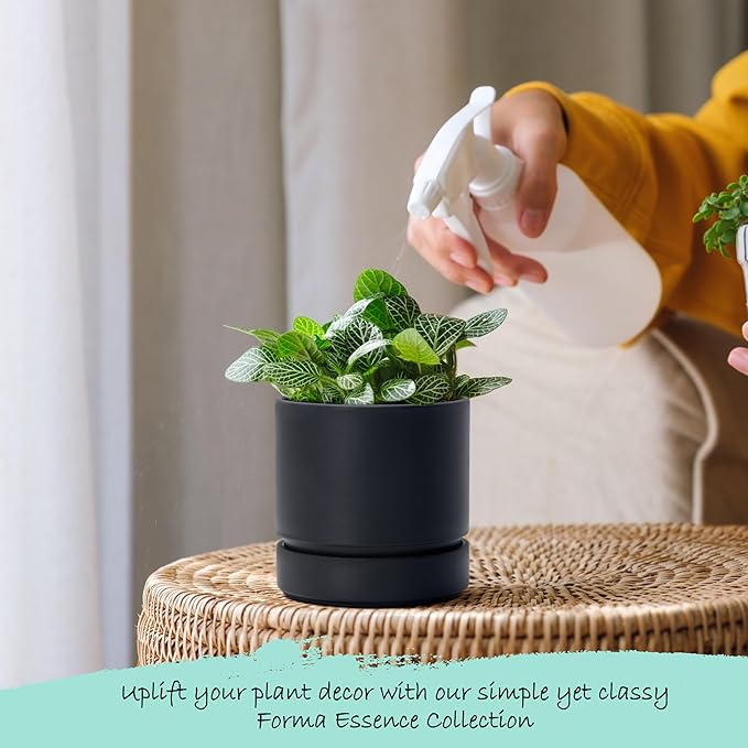 4 Inch Modern Plastic Round Pots for Indoor Houseplants and Herbs, Pack of 3 Planter Pot with Drainage Hole & Saucer, Deep Water Catch Tray, Straight Cylindrical Pot for Plants, Matte Black, 23-D-R-2