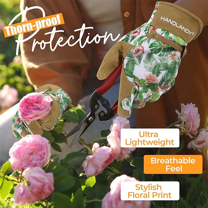 HANDLANDY Gardening Gloves for Women, Breathable Ladies Leather Garden Yard Gloves Best Gift for Gardeners