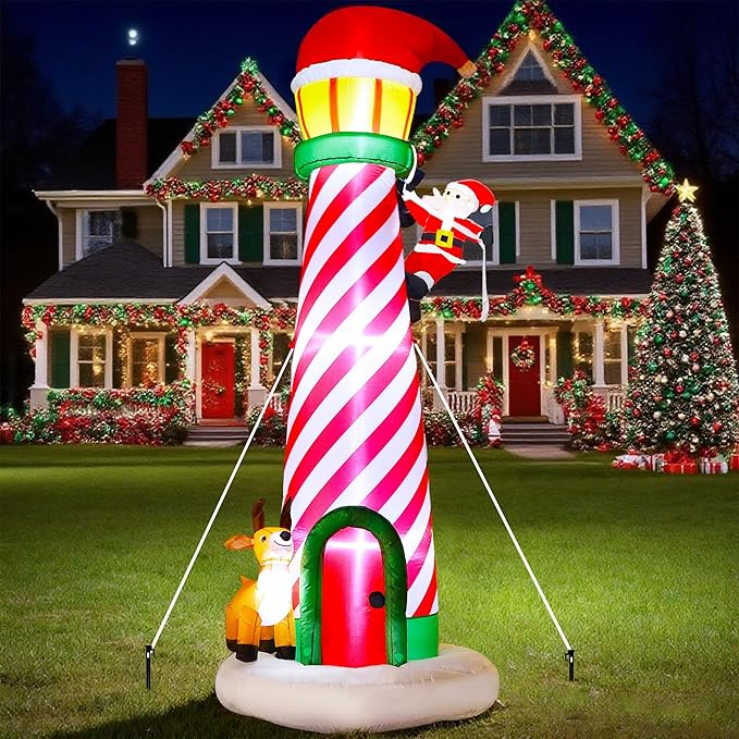 10FT Christmas Inflatable Yard Decoration, Giant Blow Up Lighthouse with Santa and Reindeer with Built-in LED Lights & Drawstring Bags for Yard Lawn Garden Holiday Outdoor Decor