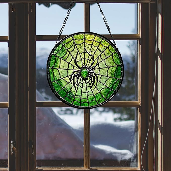 Stained Glass Window Hanging - Black Green Horror Spider Web Suncatcher for Doors Garden Patio Sun Catchers Decor Christmas Halloween Birthday Gifts for Women Men Mom Nana Friend 7.8 in