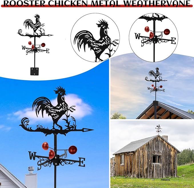 Metal Rooster Shape Weathervane, Wind Direction Indicator, Roof Mount Weather Vane, Outdoor Scene Garden Chicken Weather Vane Ornament for for Shed Farmhouse Yard Patio Decor