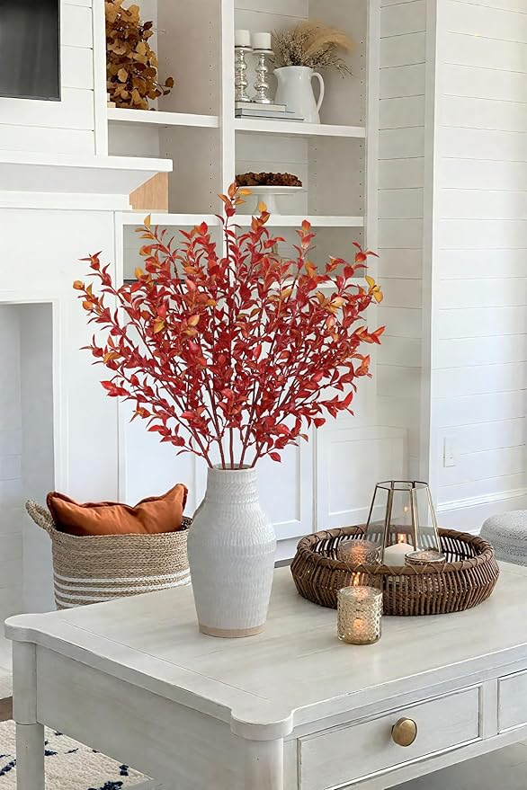 Artificial Burgundy Eucalyptus Stems 26.7" Fall Fake Leaf Branches for Floral Arrangements, Red Faux Autumn Plant Farmhouse Decor, Home Wedding Decorations