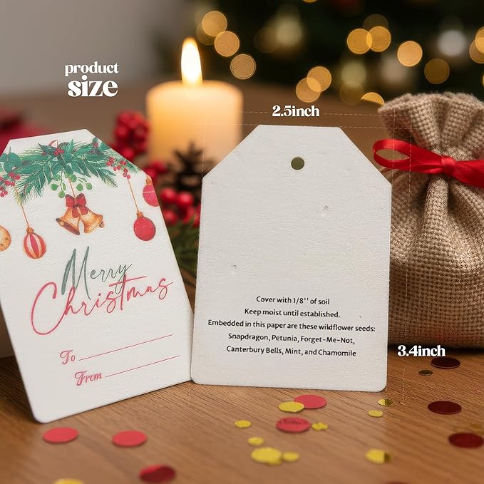 Christmas Plantable Gift Tags with Wildflower Seeds – Writable, Plantable Merry Christmas Tags, 4 Festive & Ornament Designs, Perfect for Holiday Gifts, Family & Friends (24 Tags (6 per Design)