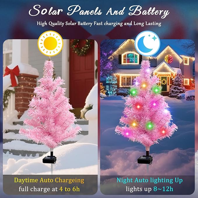 Solar Christmas Tree Outdoor Decor, Waterproof Solar Xmas Decorations Garden Stake Lights, Multi-Color LED Christmas Décor for Outside Landscape Pathway Porch Yard Holiday (4 Pcs Pink)